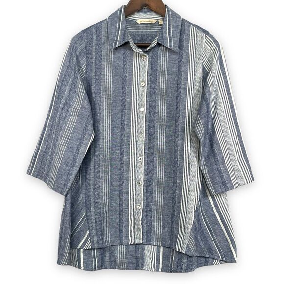 Soft Surroundings Button-Up Tunic Women Size S Blue Stripe Linen-Cotton Blend - Picture 1 of 15